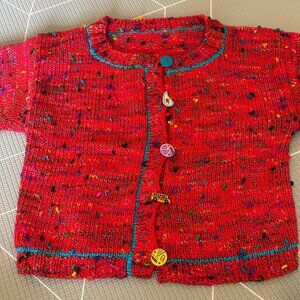 Handknit Kids Red Button-Up Sweater with Multicolor Accents, Size 10 Kids